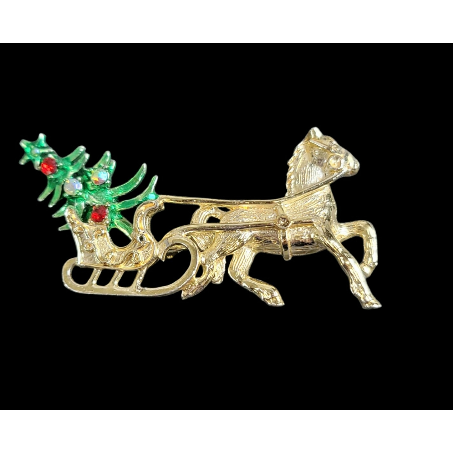 Vintage Gold Horse And Sleigh Brooch With Green Christmas Tree